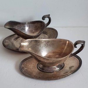Lot of 2 Vintage SILVER PLATED Gravy Sauce Boat and Tray time patina Silverplate